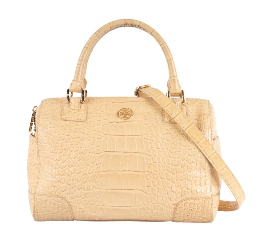 Tory Burch Robinson Double Zip Tote Sandstorm Embossed Shoulder Bag